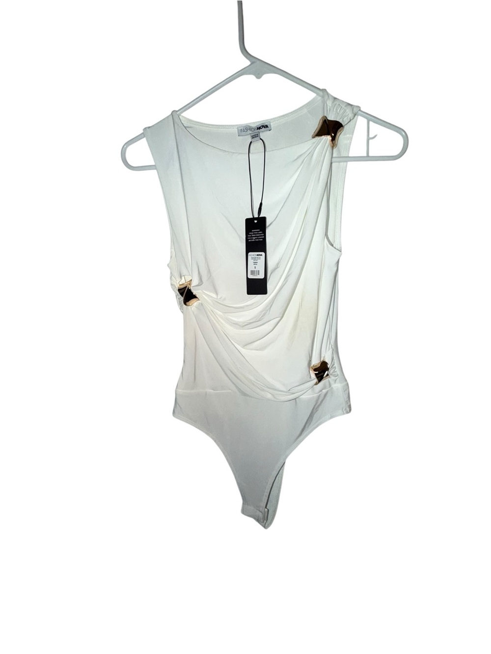 Fashion Nova White Draped Bandeau Bodysuit with Gold Hardware